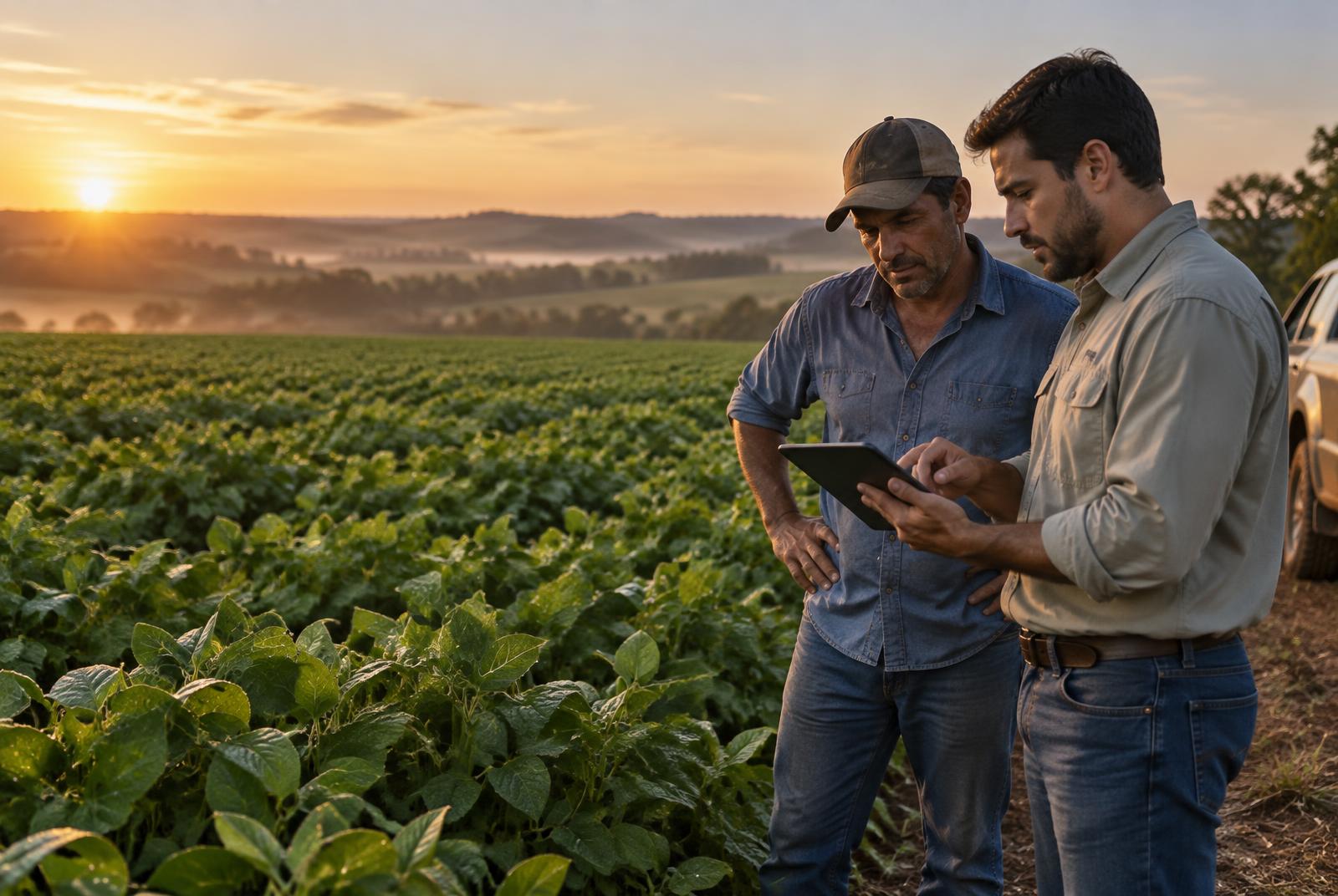 Produtor e agrônomo analisando dados no campo